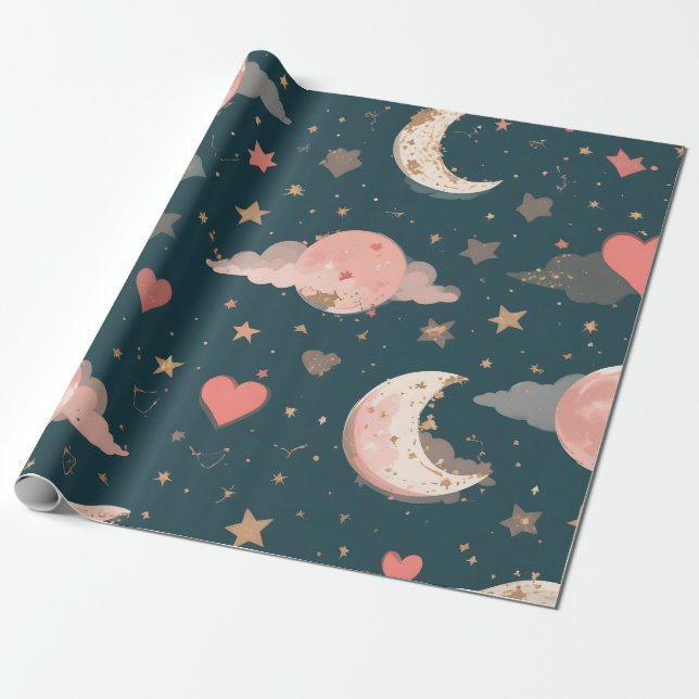 Papel De Presente Sonho de Romance Celestial Lua & Estrelas Se (Desenrolado)