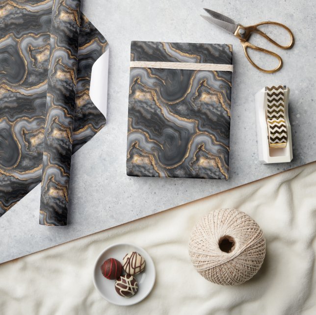Papel De Presente Sophisticated Dark Gray Marbled Gold Waves (Artesanato)