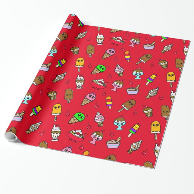 Papel De Presente Sorvete Caprichoso e Cerejas Aniversário (Desenrolado)