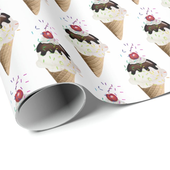 Papel De Presente Sorvete Cones On White (Ponta do rolo)