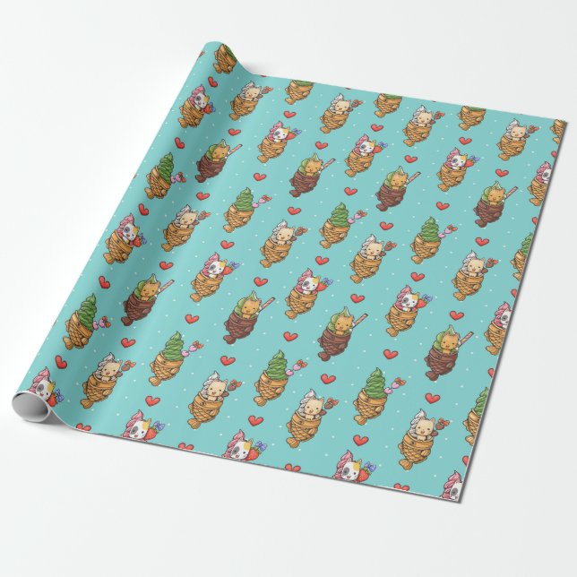 Papel De Presente Sorvete Cute Taiyaki Dessert Kawaii Cat Azul (Desenrolado)