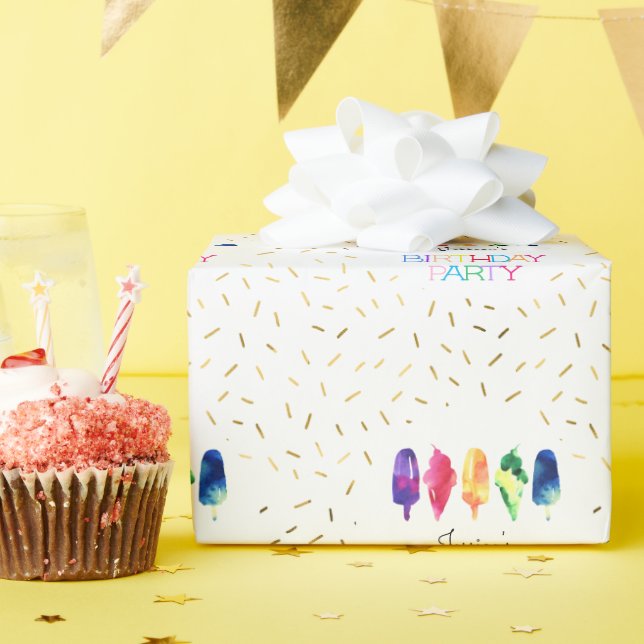 Papel De Presente Sorvete de Aquarela Arco-Íris Festa de aniversário (Festa de aniversário)