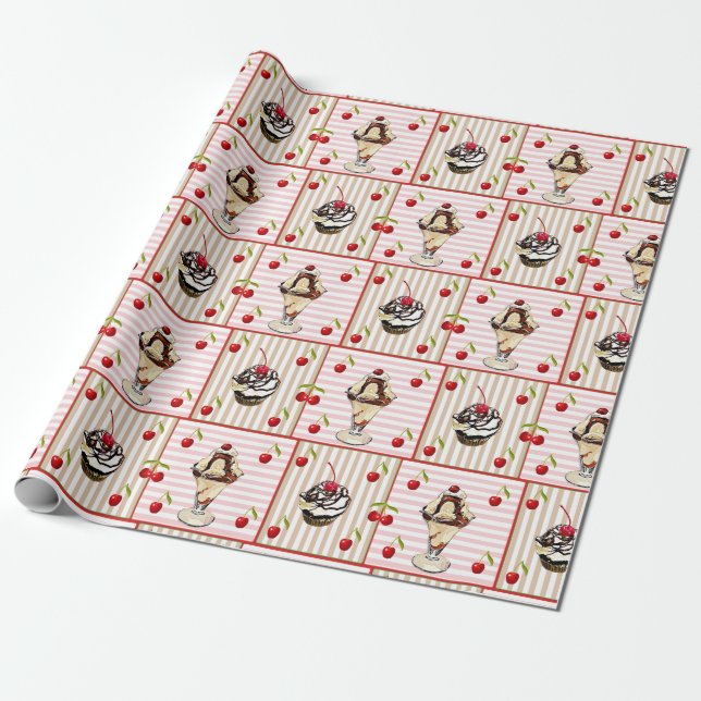 Papel De Presente Sorvete Sundae e Cupcake Birthday Gift Wrap (Desenrolado)