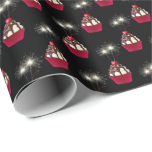 Papel De Presente Sorvete Sundae e Sparkler em preto