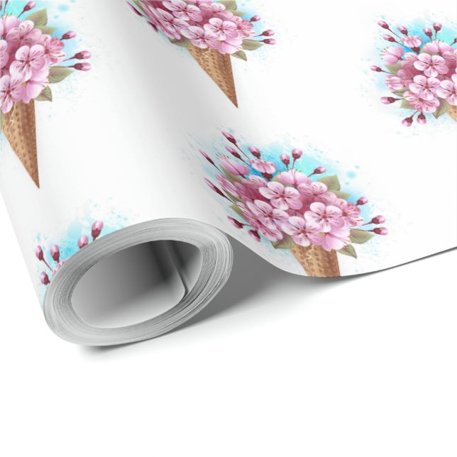 Papel De Presente Sorvete Waffle Rosa Sakura Cone (Ponta do rolo)