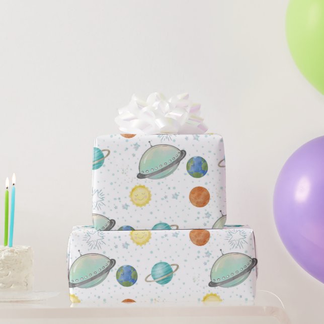 Papel De Presente Space Galaxy Planets, Stars & Rocket  Orbits astro (Presentes para festas)