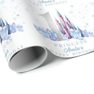 Papel De Presente Sparkle Silver Frozen Kingdom Castle primeiro aniv