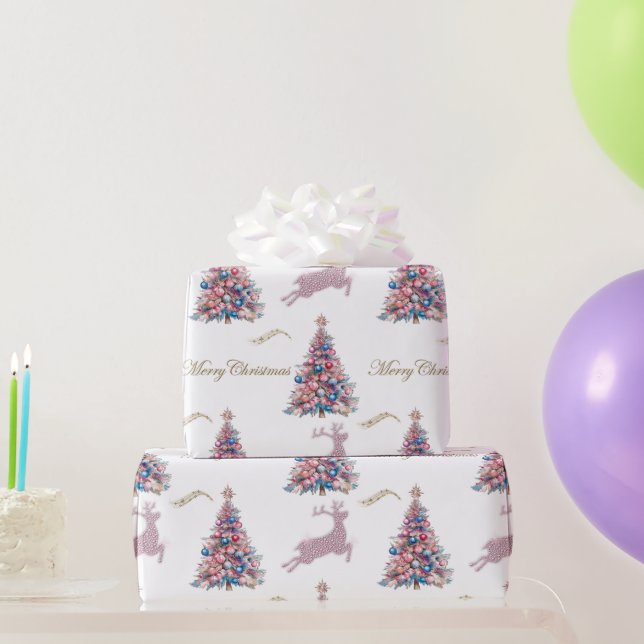 Papel De Presente Sparkling Reindeer Pastel Pink Christmas  (Presentes para festas)