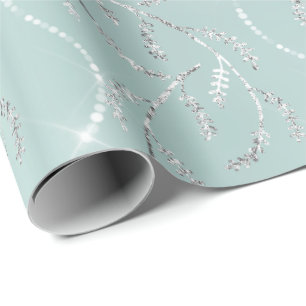 Papel De Presente Sparkly Aqua Ocean Laurel Floral Silver Diamantes