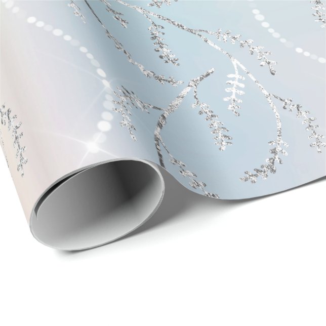 Papel De Presente Sparkly Aqua Opal Laurel Floral Silver Diamantes (Ponta do rolo)