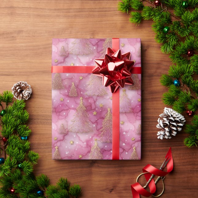 Papel De Presente Sparkly Gold Holiday Tree on Pink (Presente de Natal)