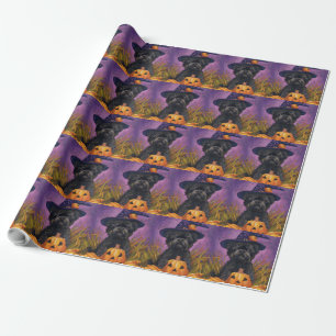Papel De Presente Spooky Affenpinscher Halloween Witch e Pumpkin