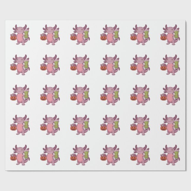 Papel De Presente Spooky Axolotl Segurando Matcha e Tratando Hallowe (Aberto)
