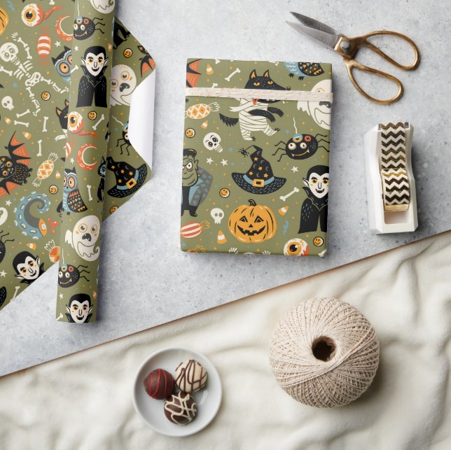 Papel De Presente Spooky Halloween Green (Artesanato)