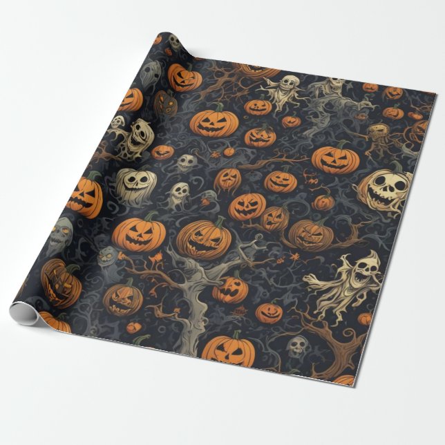 Papel De Presente Spooky Pumpkins e Fantasmas Assustadores (Desenrolado)