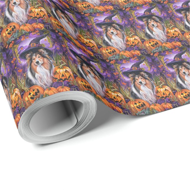 Papel De Presente Spooky Shetland Sheepdog Halloween Pumpkin (Ponta do rolo)