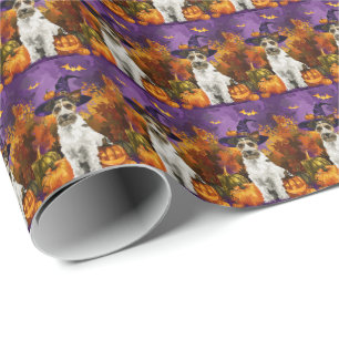 Papel De Presente Spooky Wirefox Terrier Dog Halloween Witch Pumpkin
