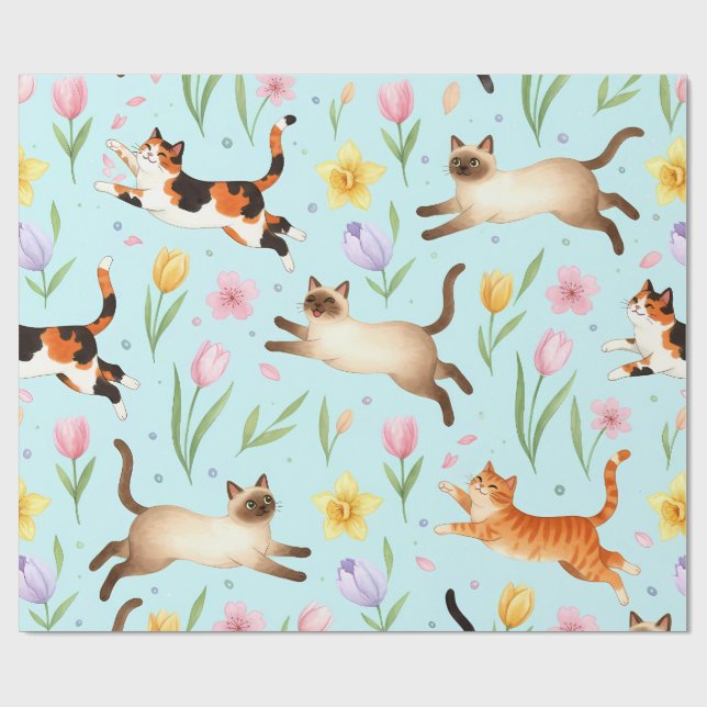 Papel De Presente Springtime Cat Parade – Leaping Felines & Blossoms (Aberto)