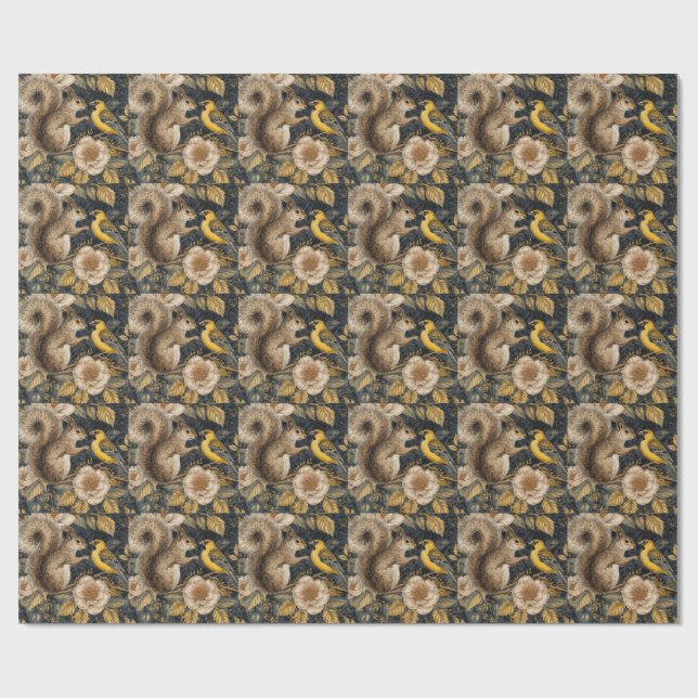 Papel De Presente Squirrel and Yellow Canary with Flowers Pattern (Aberto)