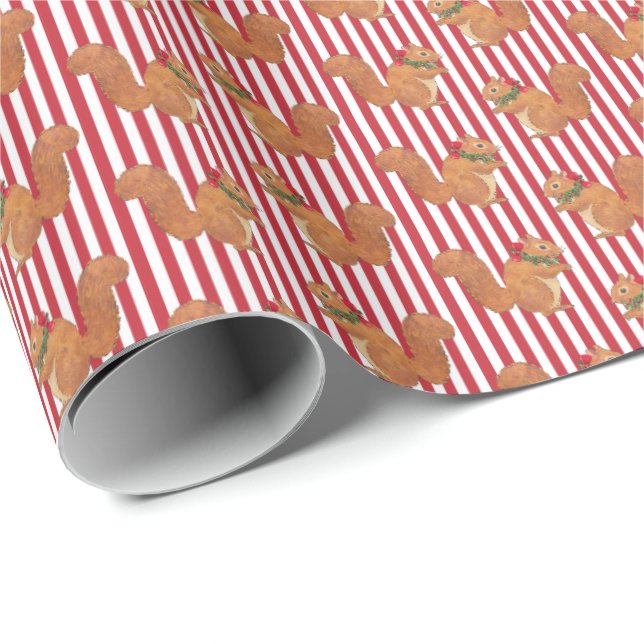 Papel De Presente Squirrels and Holly Stripes Holiday  (Ponta do rolo)