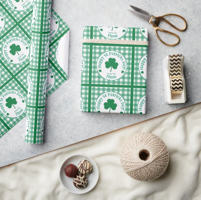 Papel De Presente St Patricks Day NAME Irish Clover Green Check (Artesanato)