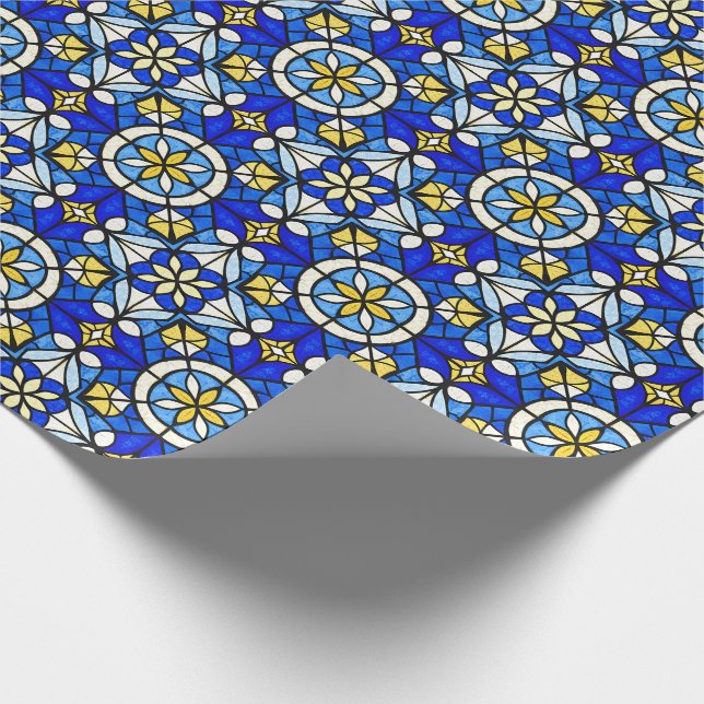 Papel De Presente Stained Glass Style Shades of Blue and Yellow (Ponta)