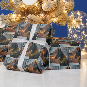 Papel De Presente Stallion Vestindo uma Terra de Natal iluminada