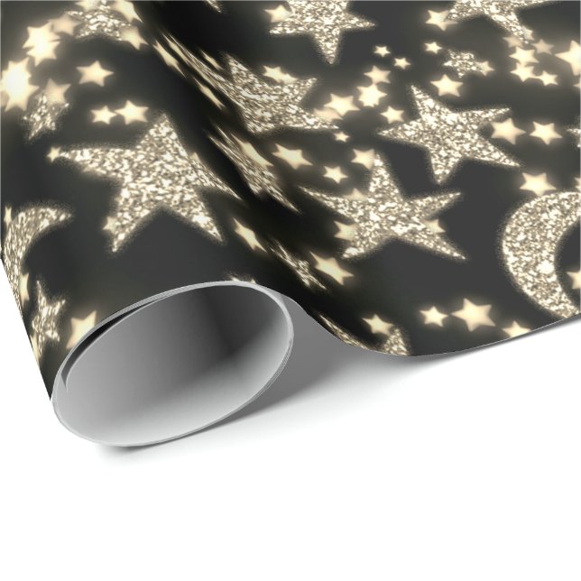 Papel De Presente Star Moon Spark Night Galaxy Black Champaigne Dour (Ponta do rolo)