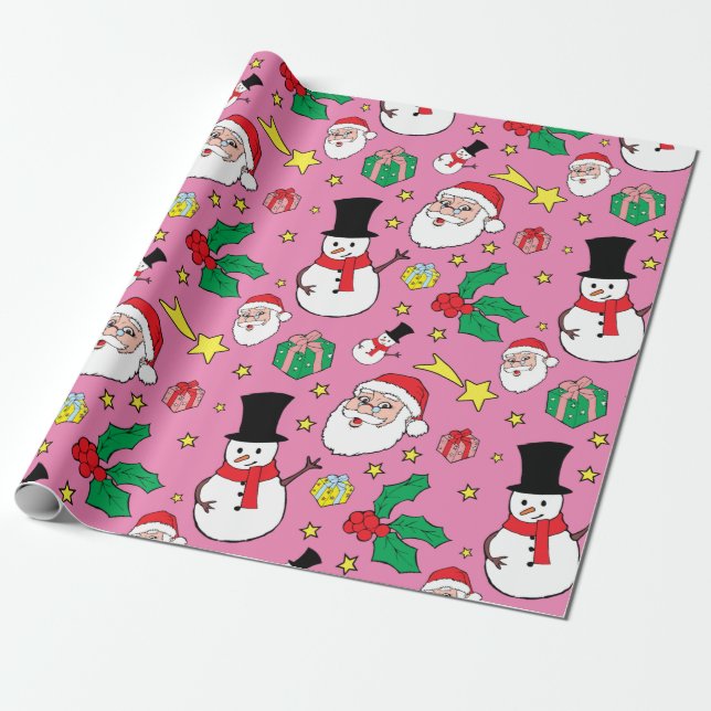 Papel De Presente Star Santa Claus Snowman Padrão de Natal Rosa (Desenrolado)