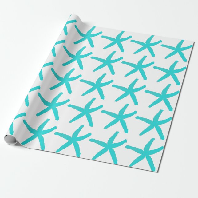 Papel De Presente Starfish Padrão Praia Azul Azul Natal Branco (Desenrolado)