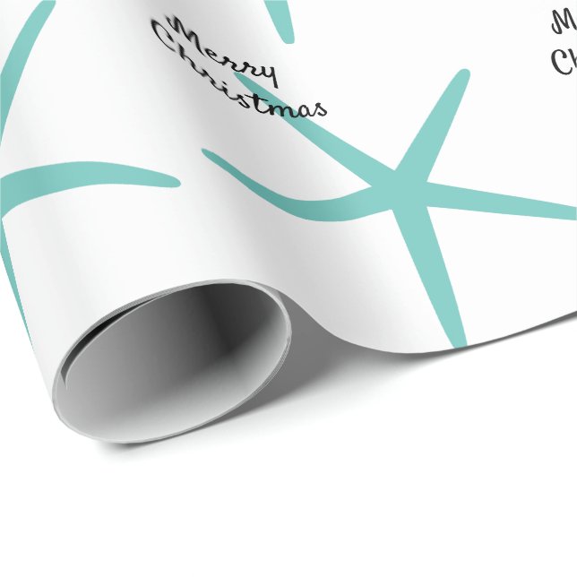 Papel De Presente Starfish Padrões Teal Beach Feliz Natal Branco (Ponta do rolo)