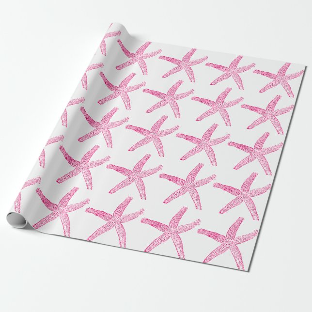Papel De Presente Starfish Patteral Beach Coastal Rosa Quente (Desenrolado)