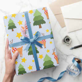 Papel De Presente Starry Reindeer Noites Árvore de Natal Azul Claro