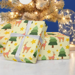Papel De Presente Starry Woodland Christmas Reindeer Yellow Seamless