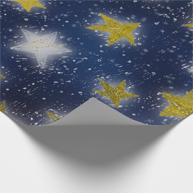 Papel De Presente Stars Galaxy Sky Marinho Blue Night Mostarda Doura (Ponta)