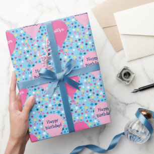 Papel De Presente Stars Hearts Balões Personalizados Aniversário