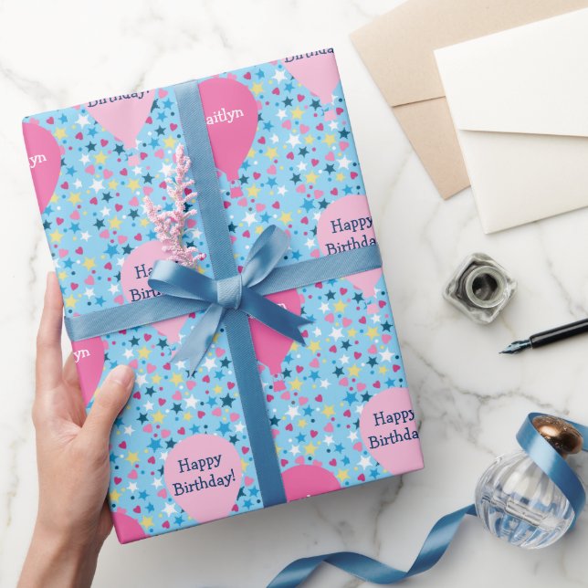 Papel De Presente Stars Hearts Balões Personalizados Aniversário (Presentear)