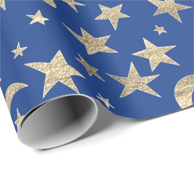 Papel De Presente Stars Lua Azul Indigo Dourado Champaço do Céu Metá (Ponta do rolo)