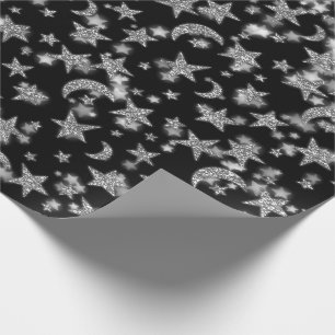 Papel De Presente Stars Moon Spark Night Galaxy Black Silver Cinza