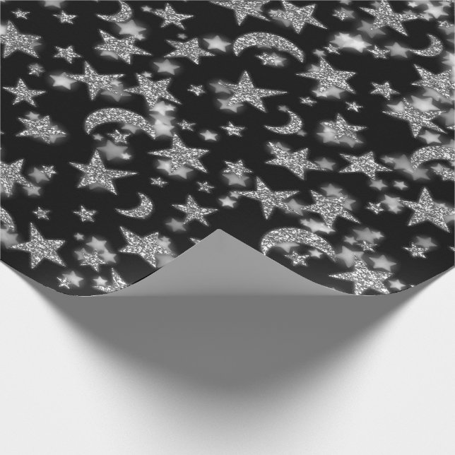 Papel De Presente Stars Moon Spark Night Galaxy Black Silver Cinza (Ponta)