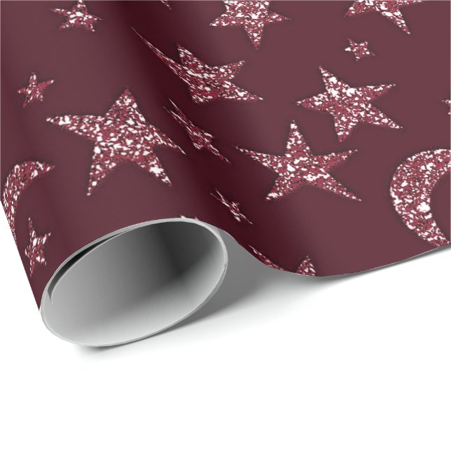 Papel De Presente Stars Moon Sparkly Burgundy - Noite da Glitter (Ponta do rolo)