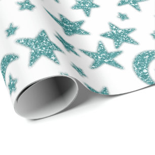 Papel De Presente Stars Moon Sparkly Teal Aqua Blue White