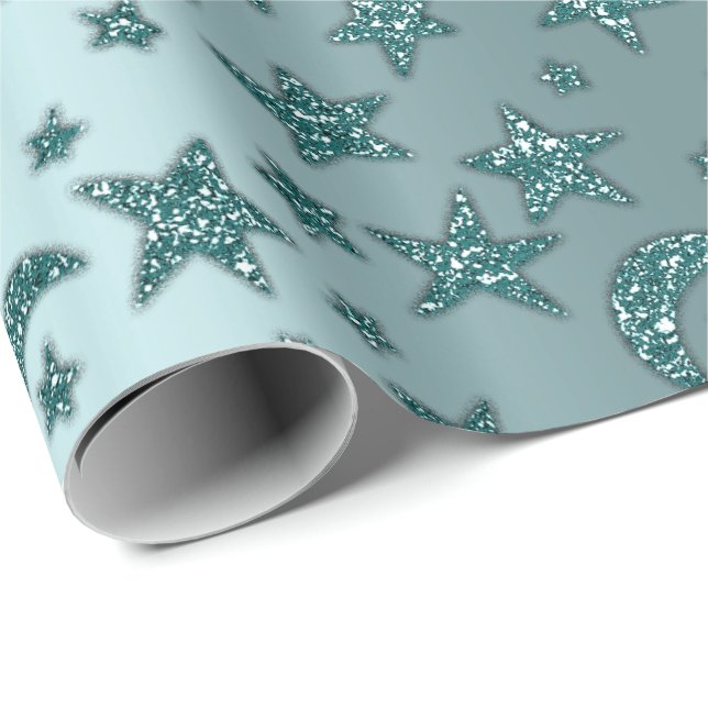 Papel De Presente Stars Moon Sparkly Teal Aqua Glitter Night (Ponta do rolo)
