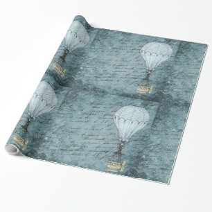 Papel De Presente Steampunk Hot Air Balloon Dusk Blue Manuscrito