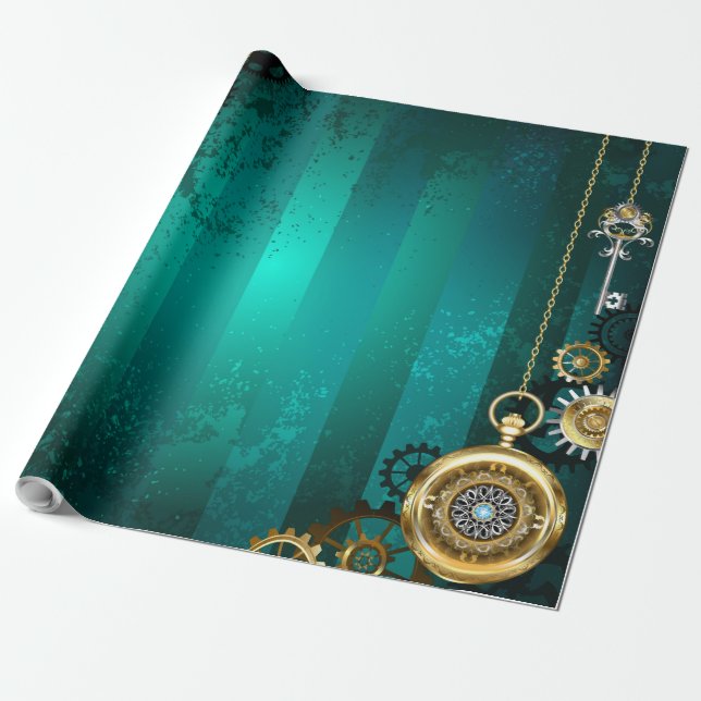 Papel De Presente Steampunk Jewelry Watch em um fundo verde (Desenrolado)