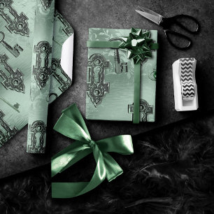 Papel De Presente Steampunk Lock e Key Green Desligamento de vinhe
