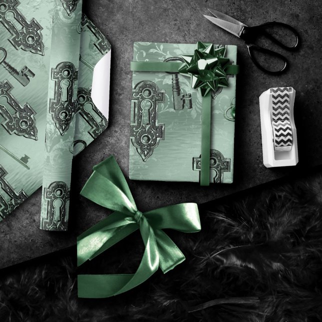 Papel De Presente Steampunk Lock e Key Green | Desligamento de vinhe (Criador carregado)