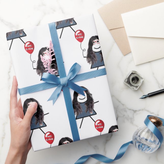 Papel De Presente Stick Girl Com Balão Vermelho De Aniversário (Presentear)