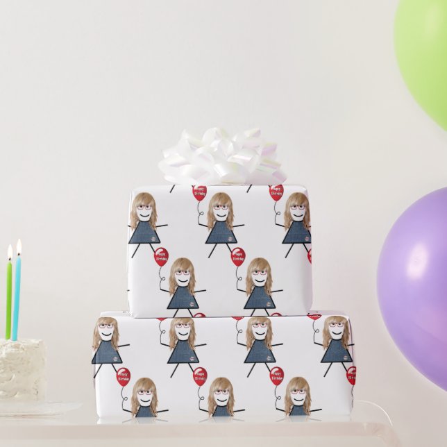 Papel De Presente Stick Girl Com Balão Vermelho De Aniversário (Presentes para festas)