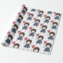 Papel De Presente Stick Girl Com Balão Vermelho De Aniversário
